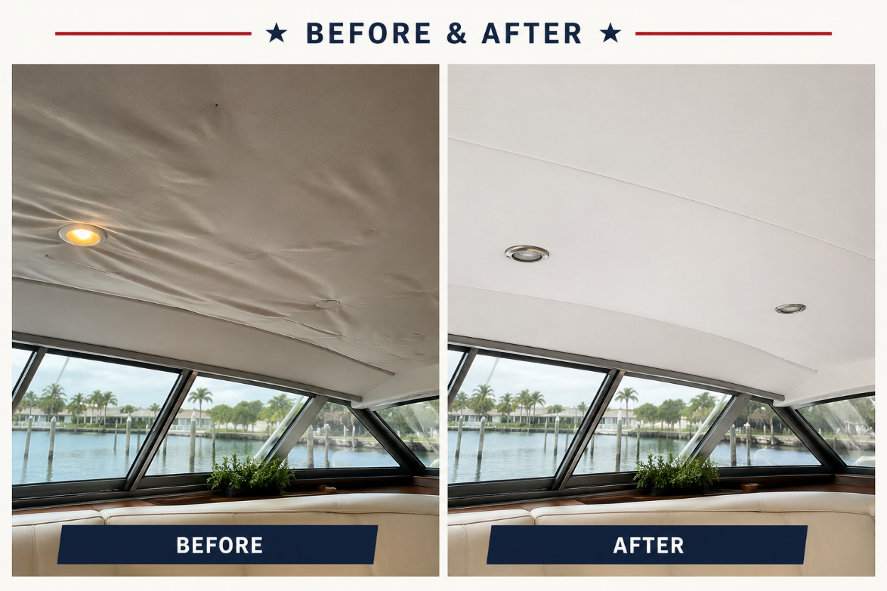 Before and after standard headliner replacement by Zedaker Upholstery