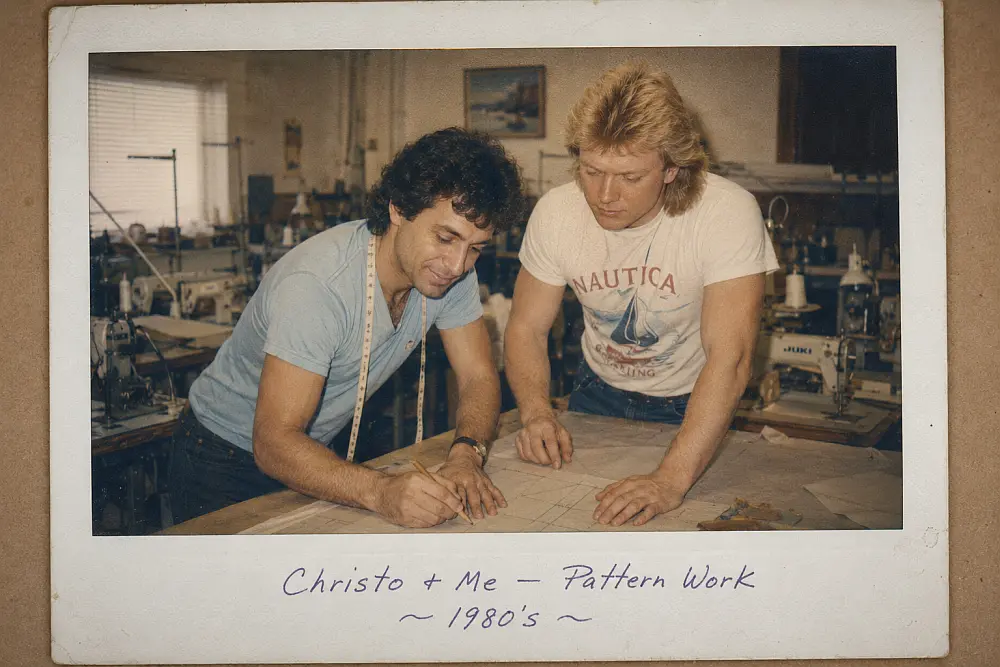 Christo and Tony Zedaker Stanley working on a fabric pattern in the 1980s