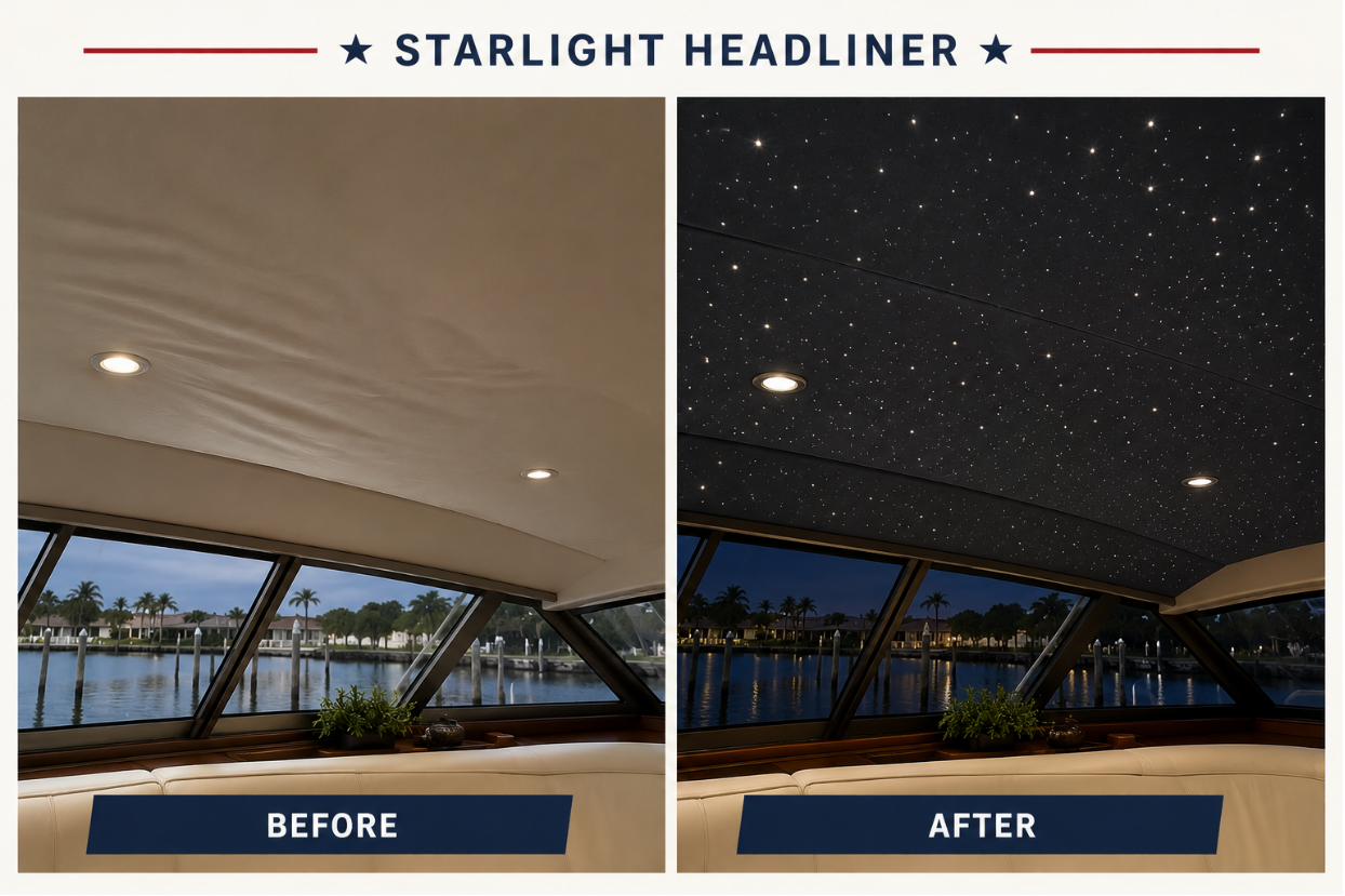 Before and after starlight headliner upgrade by Zedaker Upholstery