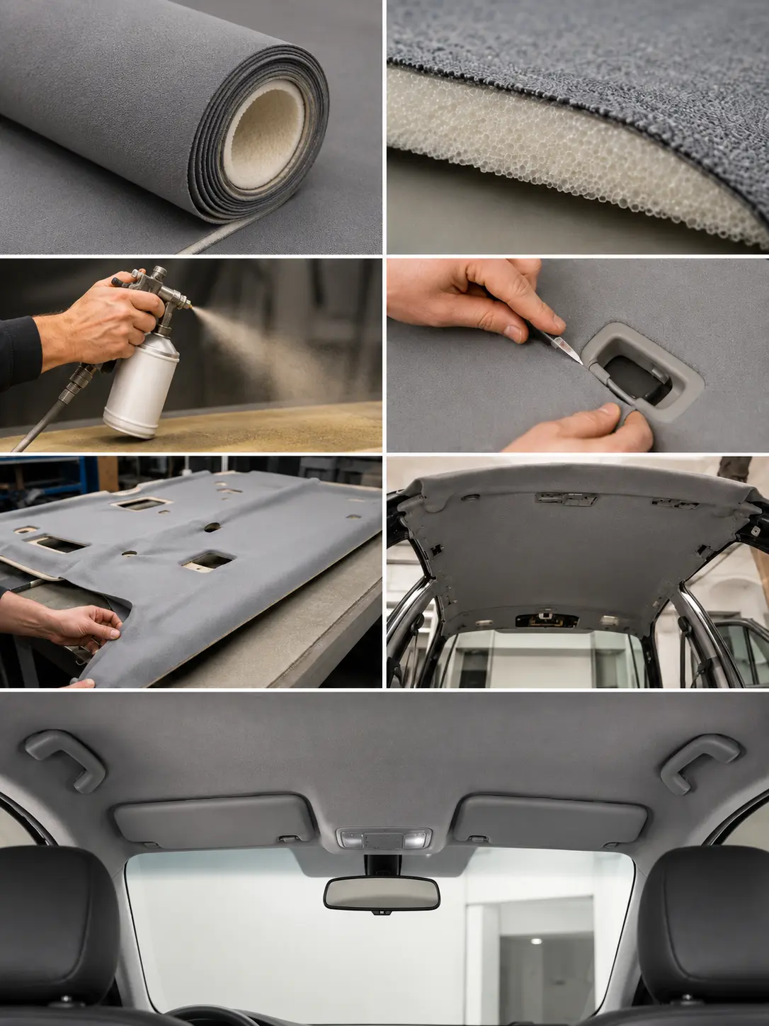 Automotive headliner fabric foam and installation detail
