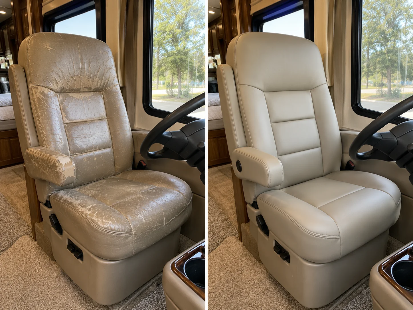 Before and after RV captain chair upholstery restoration