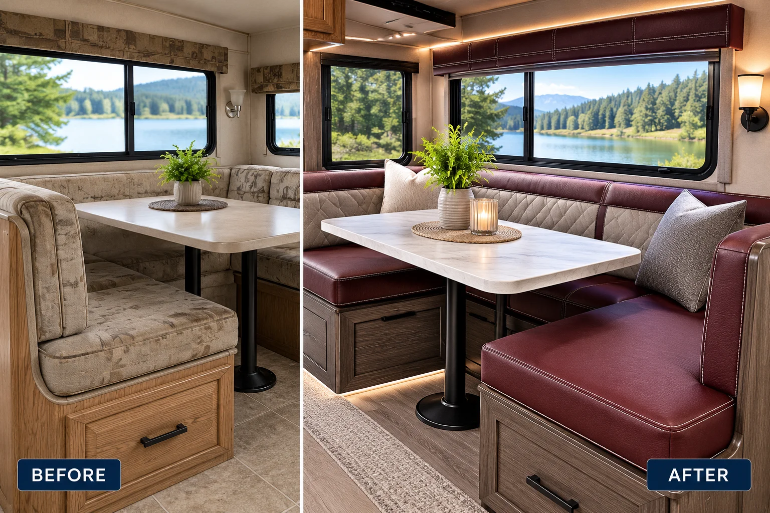 Before and after RV dinette cushion upholstery replacement