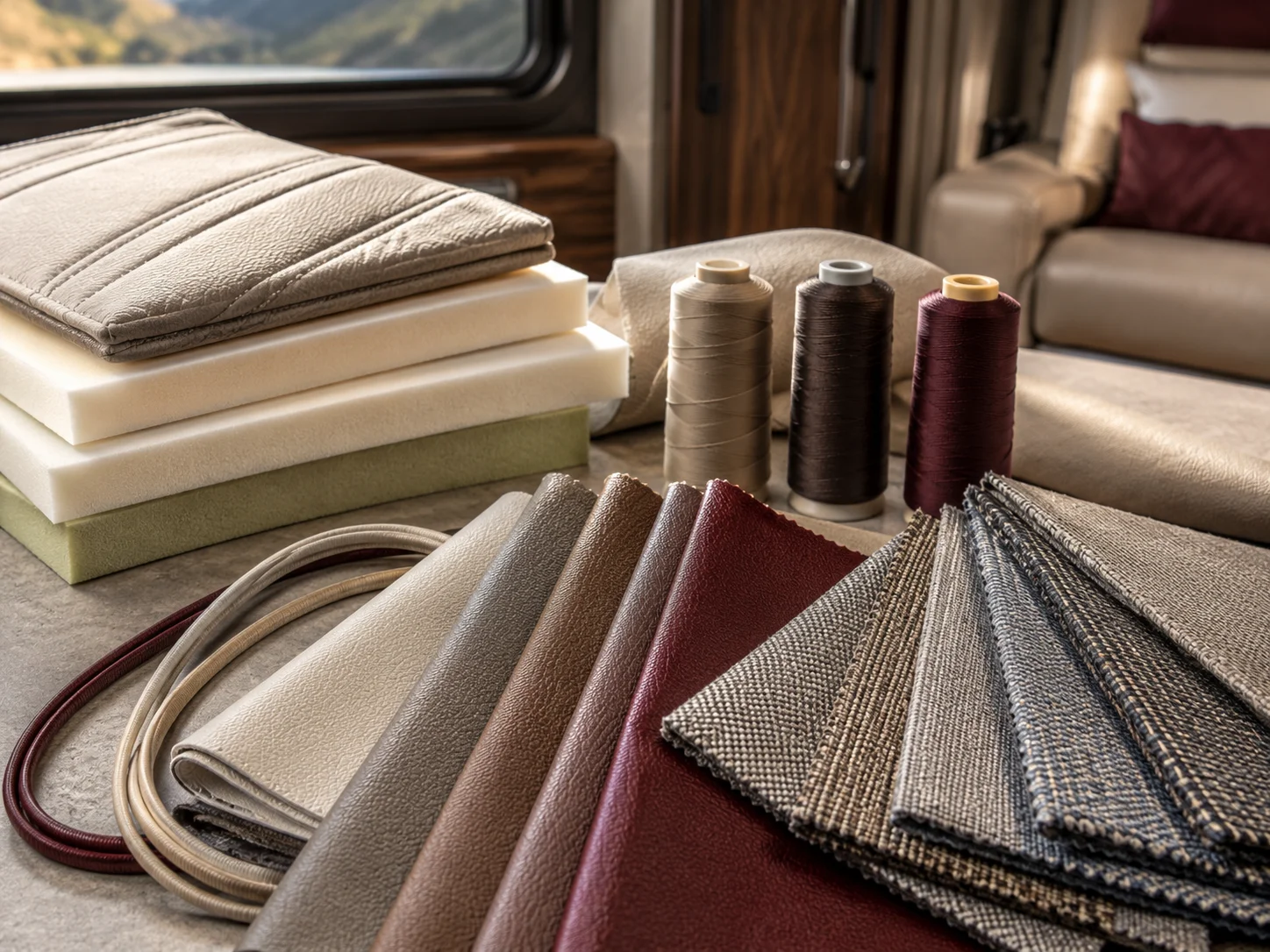 RV upholstery materials vinyl fabric foam and stitching detail
