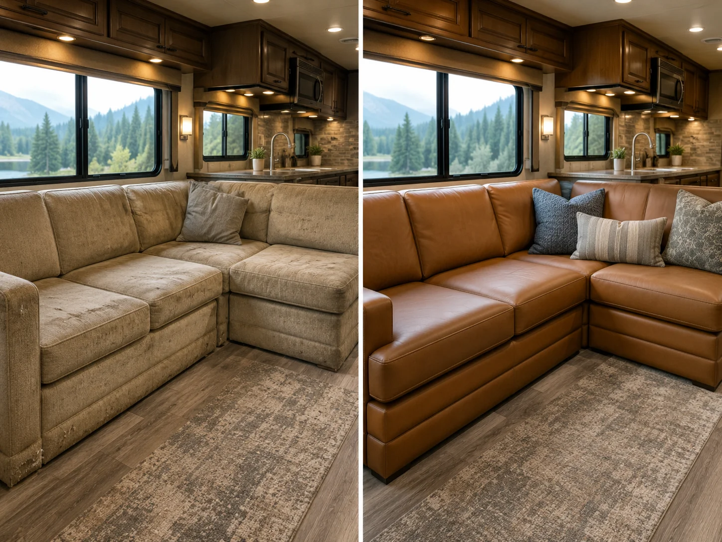 Before and after RV sofa and lounge upholstery