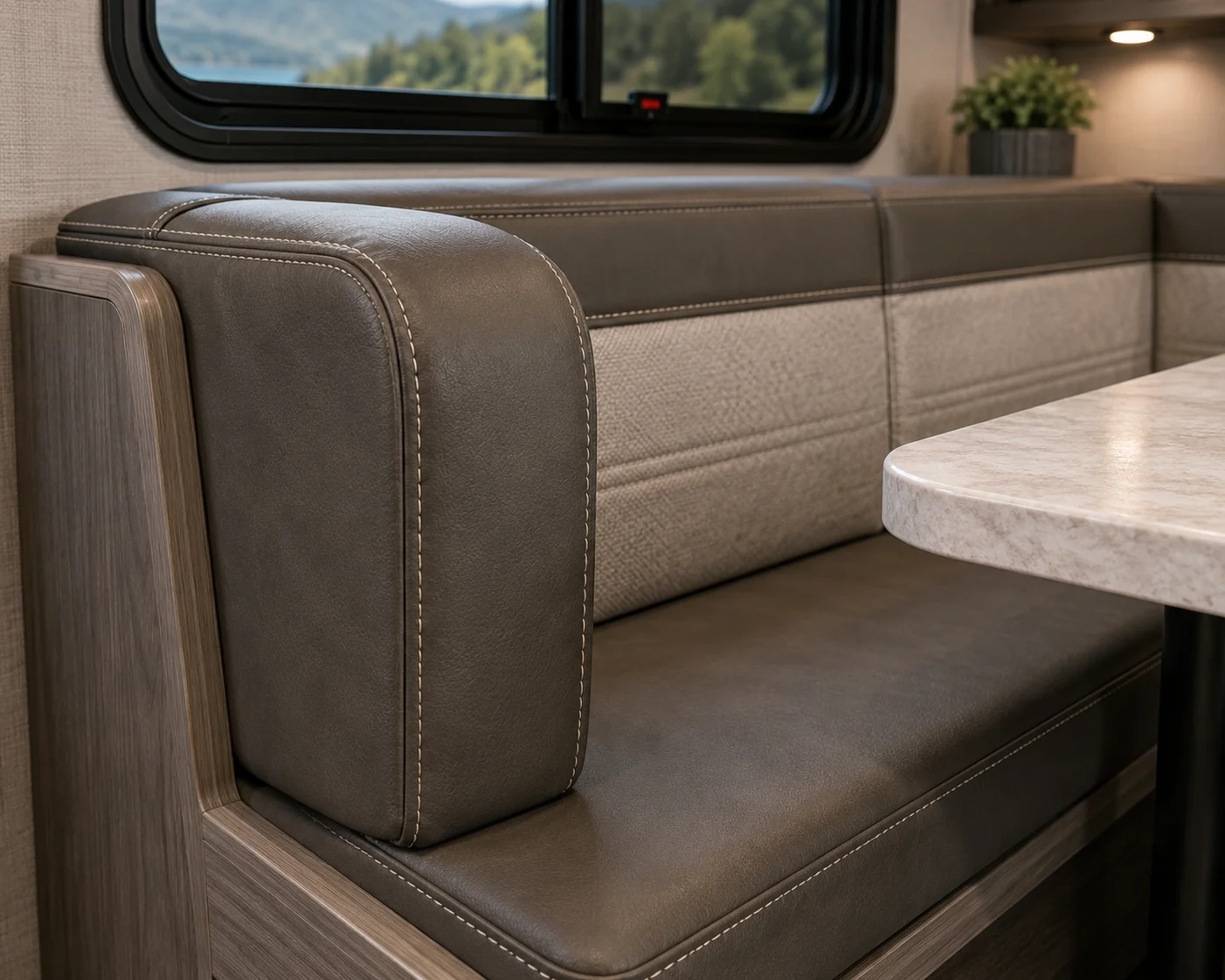 RV upholstery stitching and material detail