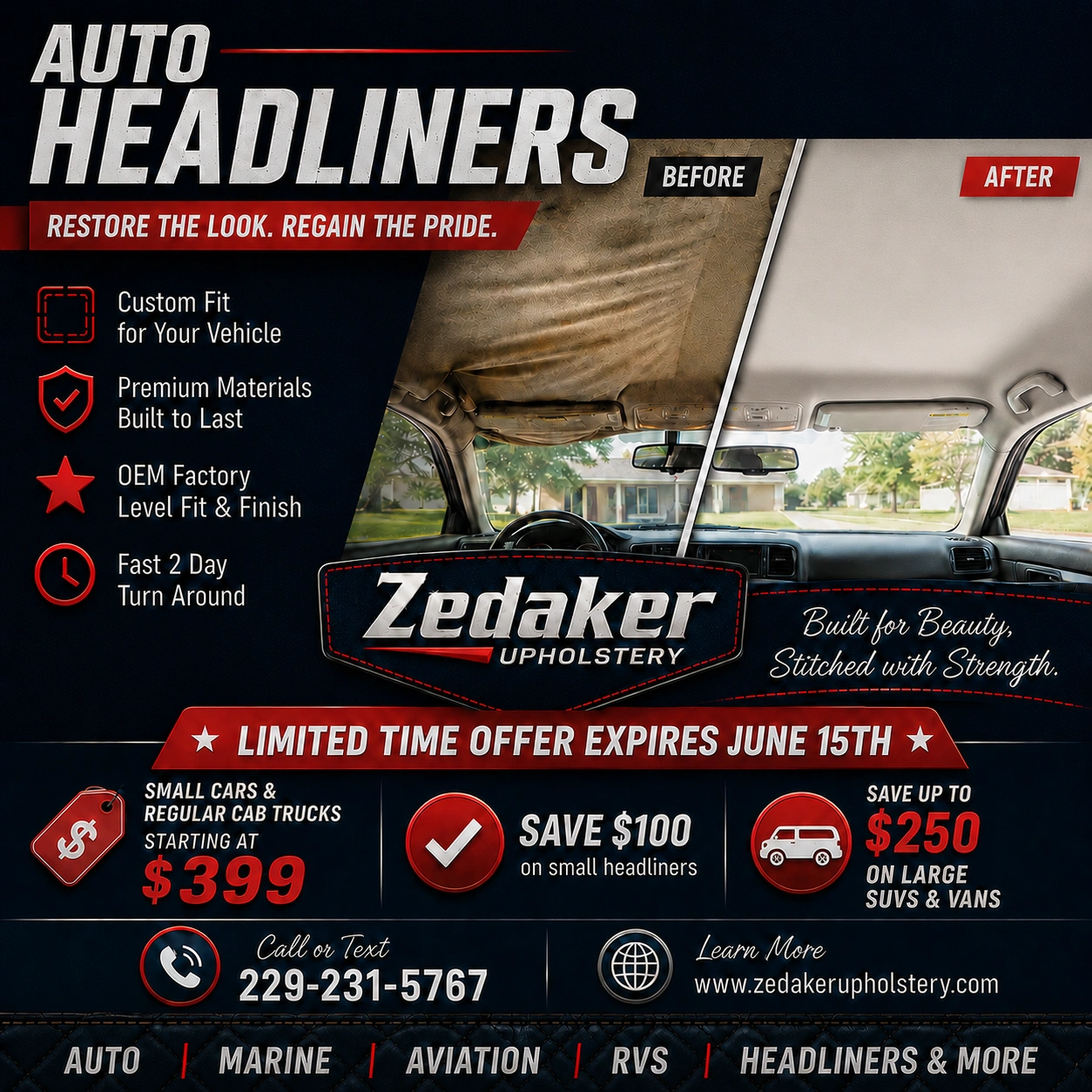 Zedaker Upholstery automotive headliner replacement limited time promotion